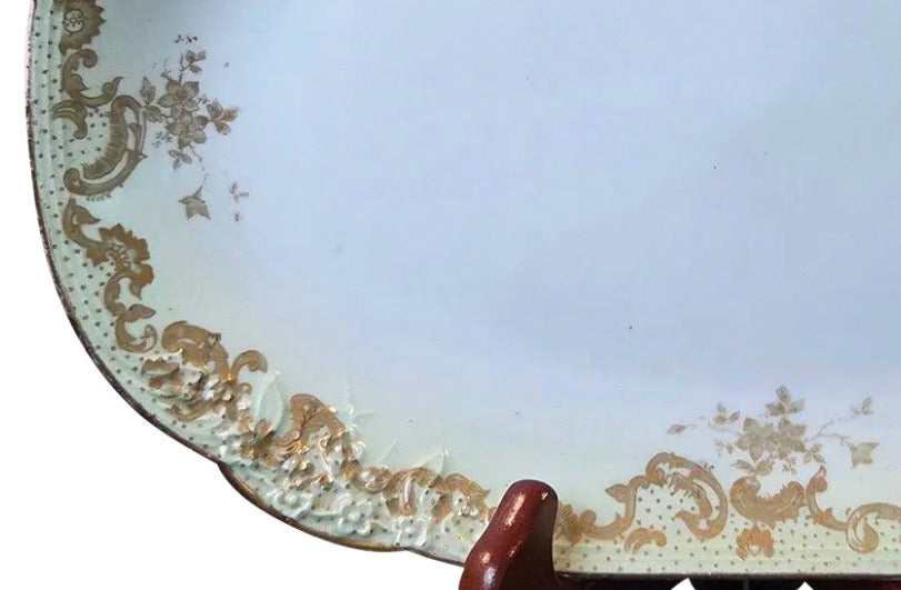 Antique Elite Works Limoges 11.5" Serving Platter - Gilded Scrolls & Celadon Dot Border