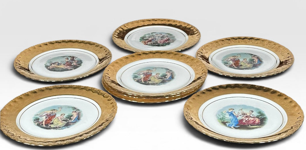 Vintage Manhattan Ware Crest of Gold Romantic Mythological Pastoral Scene Plates Set of Eight
