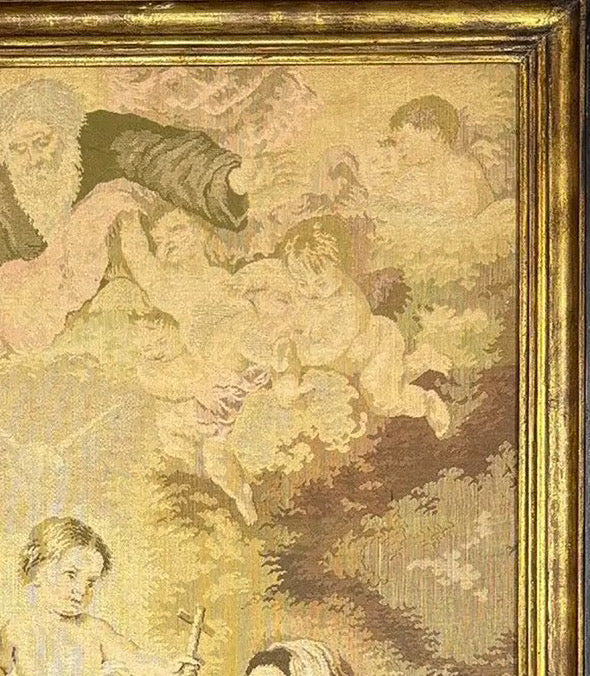 Large Vintage Woven Tapestry "The Holy Family with a Little Bird" After Murillo