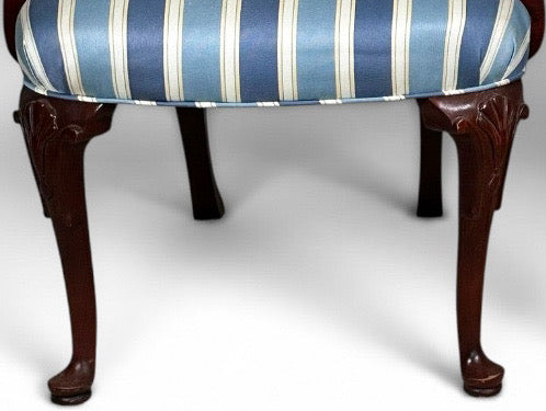Pair of Vintage Upholstered Queen Anne Style Striped Armchairs With Shell Carving