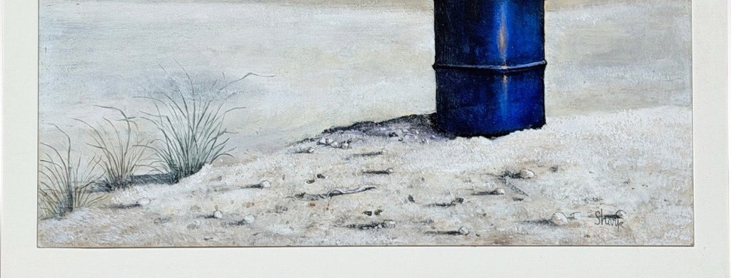 Original 1970s Pacific Northwest Oil on Board Painting Crow on Blue Drum by William Bill Sharp