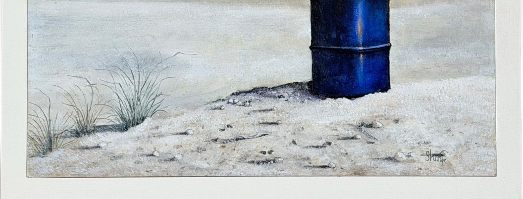 Original 1970s Pacific Northwest Oil on Board Painting Crow on Blue Drum by William Bill Sharp