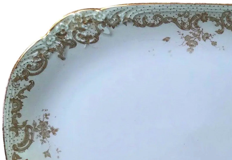 Antique Elite Works Limoges 11.5" Serving Platter - Gilded Scrolls & Celadon Dot Border