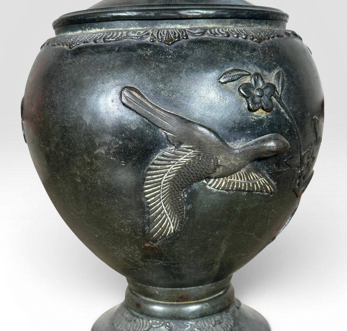 Antique Japanese Meiji Period Patinated Bronze Vase Table Lamp With High Relief Bird And Flower Silk Pagoda Shade