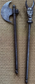 19th Century Persian Qajar Hand-Forged Iron Tabar Axe & Horned Gorz Mace - Set of 2