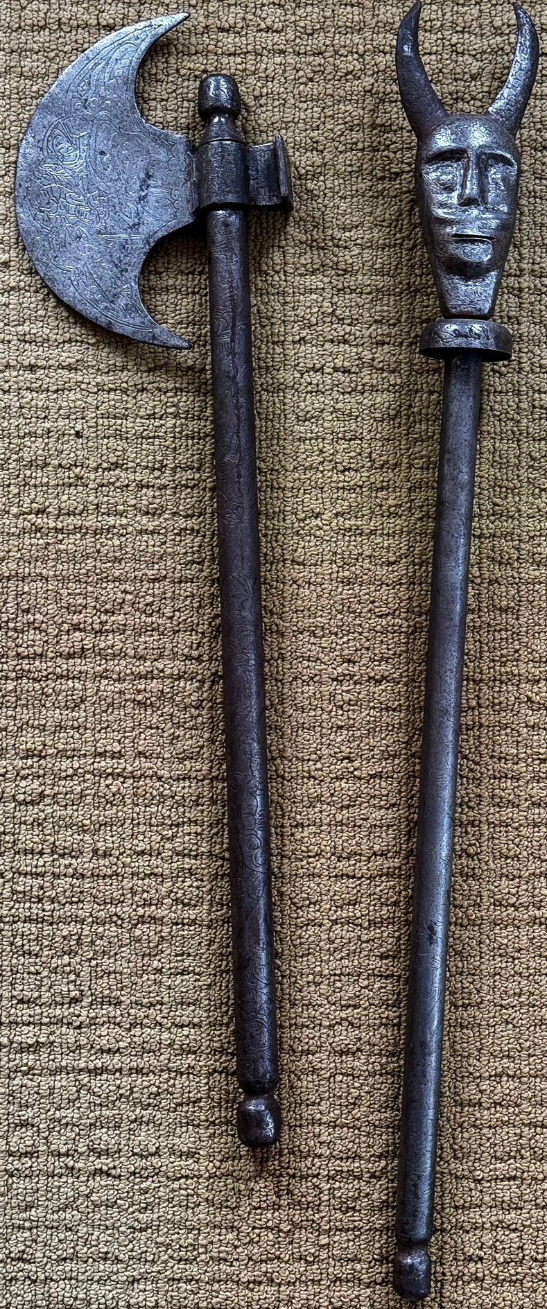 19th Century Persian Qajar Hand-Forged Iron Tabar Axe & Horned Gorz Mace - Set of 2