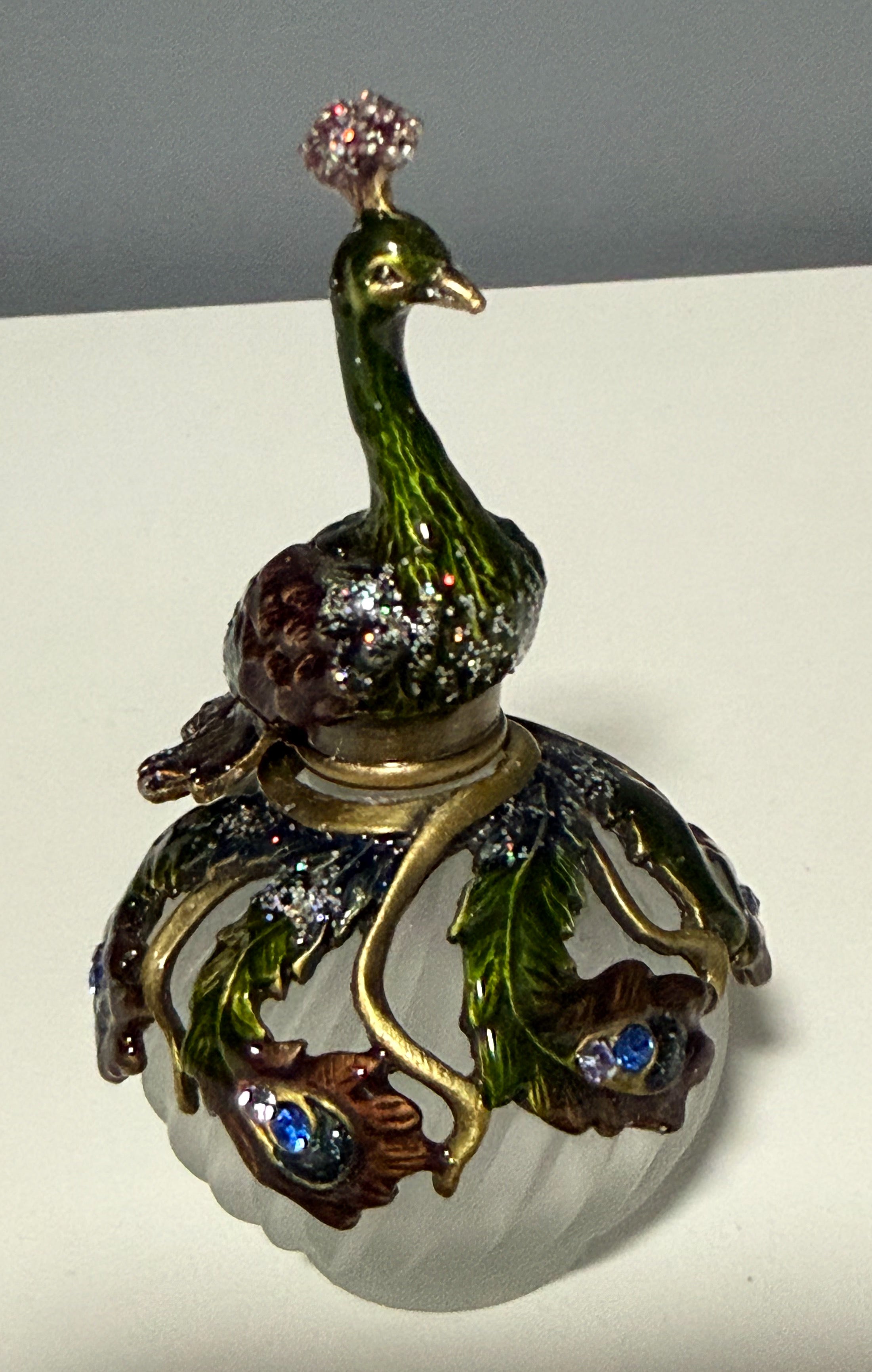 2006 Fitz and Floyd Guild Jeweled Peacock Perfume Bottle Frosted Glass