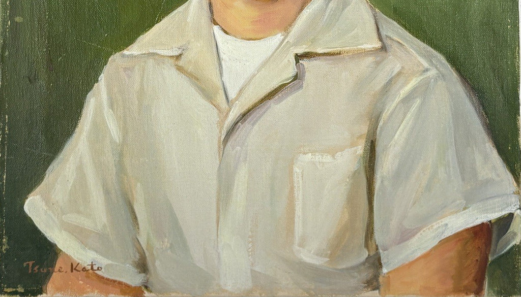 1954 Signed Tsune Kato Tokyo Oil Portrait of a Boy, Mid-Century Modern Japanese Academic Realism, Post-War Art, Sage Green Wall Decor