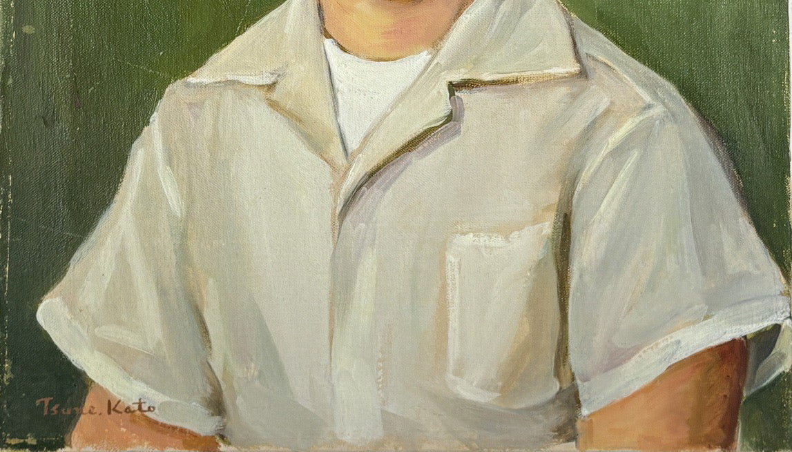 1954 Signed Tsune Kato Tokyo Oil Portrait of a Boy, Mid-Century Modern Japanese Academic Realism, Post-War Art, Sage Green Wall Decor