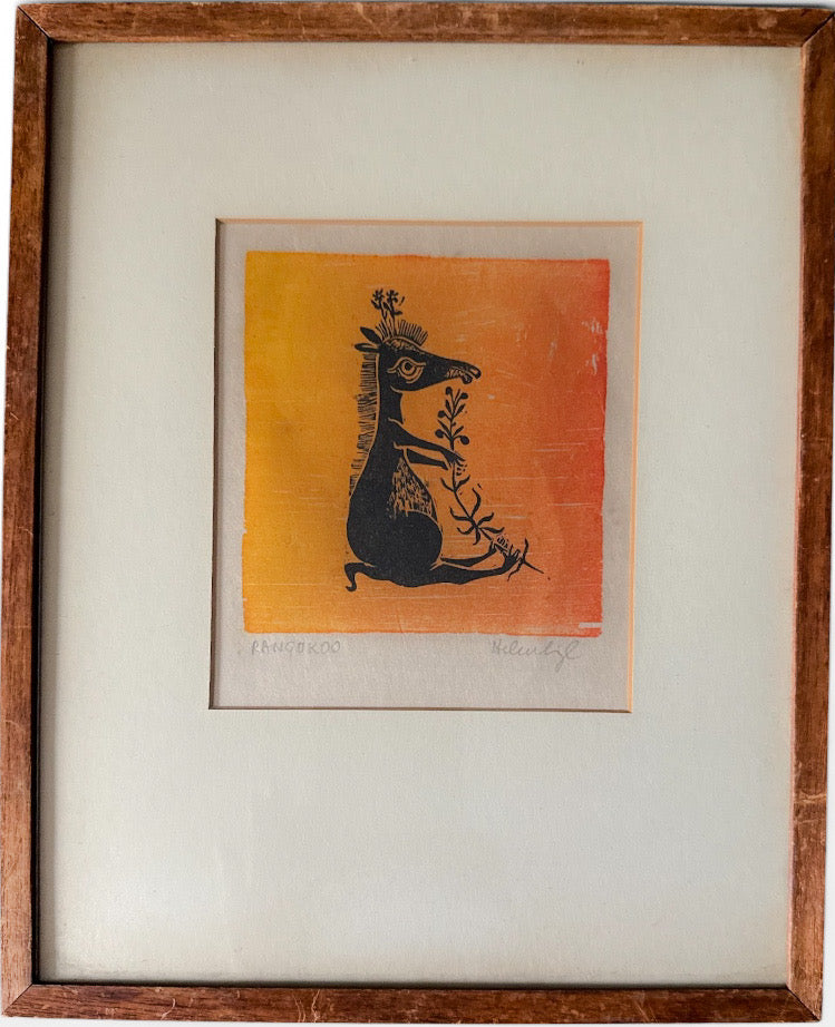 Vintage Helen Siegl Hand-Signed Fine Art Woodcut Print Rangoroo Mid Century Modern Folk Art Whimsical Animal Custom Framed