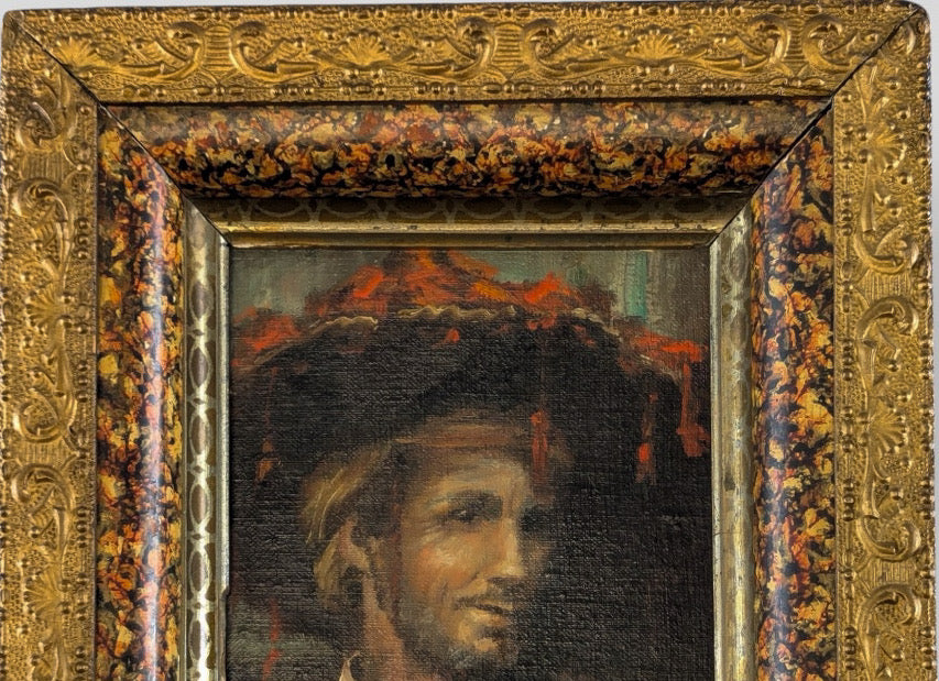 Antique French Style Oil On Canvas Miniature Portrait Of A Man In Historical Costume