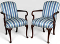 Pair of Vintage Upholstered Queen Anne Style Striped Armchairs With Shell Carving