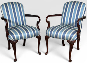 Pair of Vintage Upholstered Queen Anne Style Striped Armchairs With Shell Carving