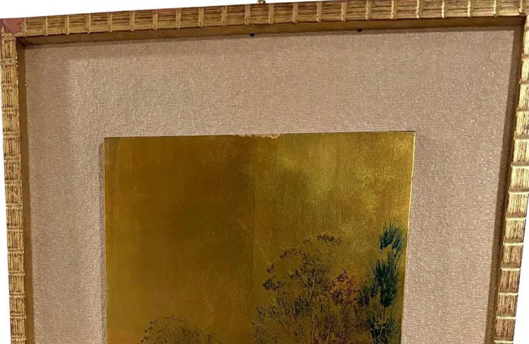 Large Mid-Century Gilded Wood Panel Garden Scene by Loze