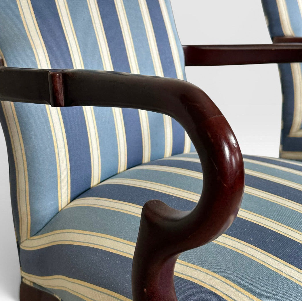 Pair of Vintage Upholstered Queen Anne Style Striped Armchairs With Shell Carving