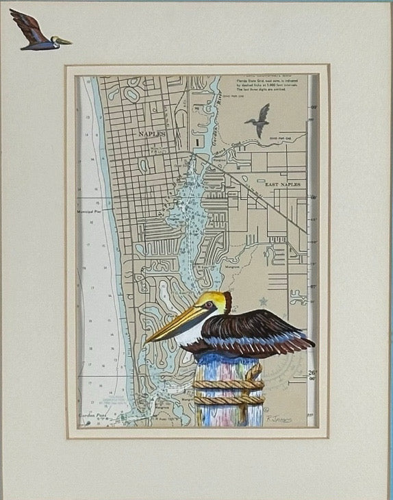 Vintage Ruth James Hand-Painted Pelican and Naples, Florida, Nautical Map Art