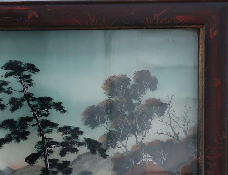 Antique Meiji Period Japanese Reverse Glass Painting - Mother of Pearl Inlay - Cranes at Mt. Fuji - c. 1890