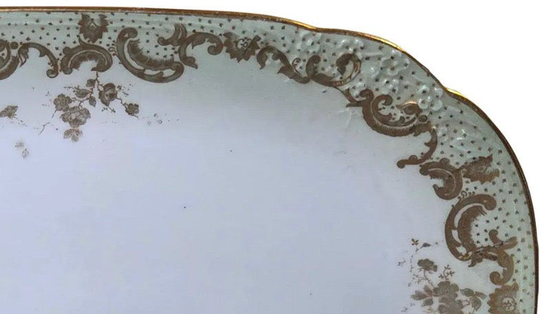 Antique Elite Works Limoges 10” Porcelain Serving Platter - Celadon Dotted Border & Gilded Scrolls