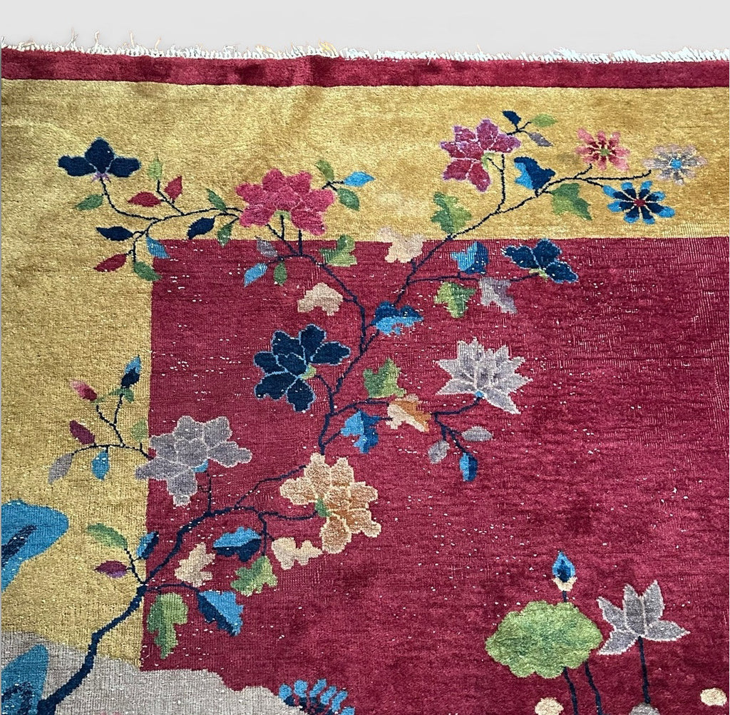 Antique 1920s Chinese Art Deco Pictorial Room Size Rug With Dragon Boat and Pagoda Motif