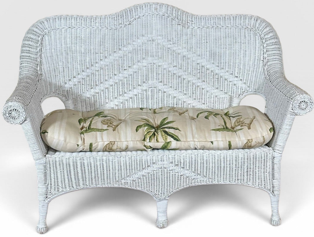 Vintage Palm Beach Regency White Wicker Camelback Settee Loveseat