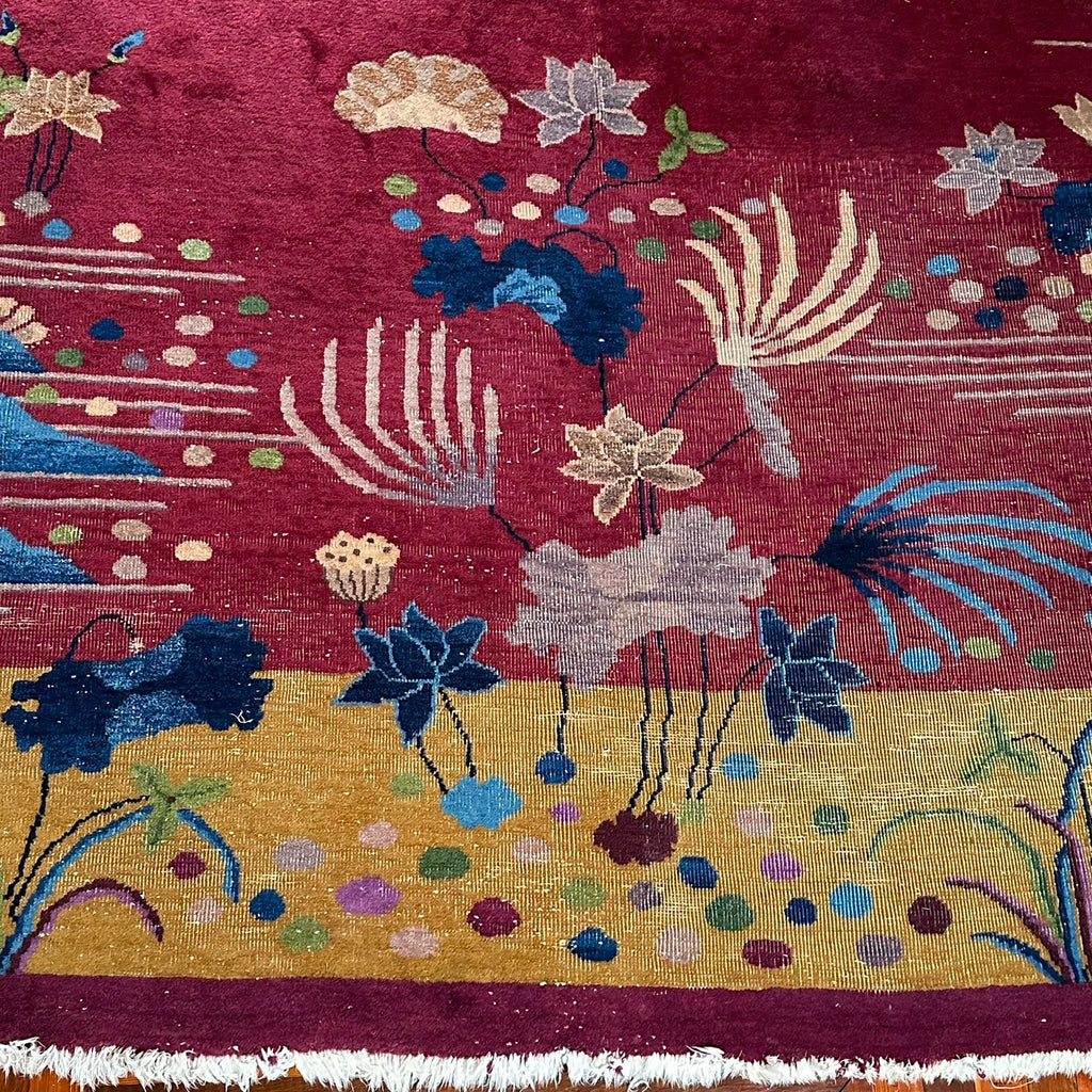 Antique 1920s Chinese Art Deco Pictorial Room Size Rug With Dragon Boat and Pagoda Motif