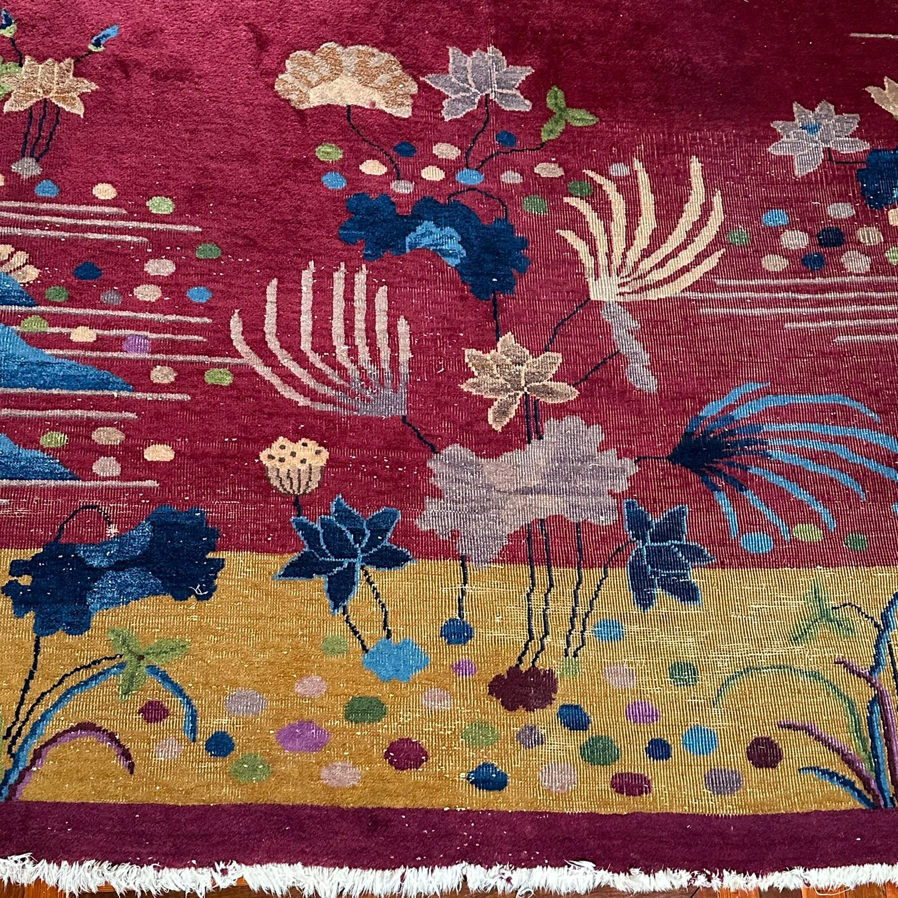 Antique 1920s Chinese Art Deco Pictorial Room Size Rug With Dragon Boat and Pagoda Motif