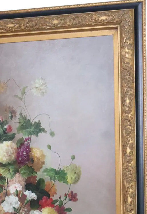 57" Signed L. Stewart Dutch Master Style Floral Oil Painting, Large Gilt Frame, Grand Manner Still Life, Museum Scale Art