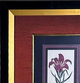 Vintage Framed Stylized Red Lily Botanical Lithograph Prints Pair