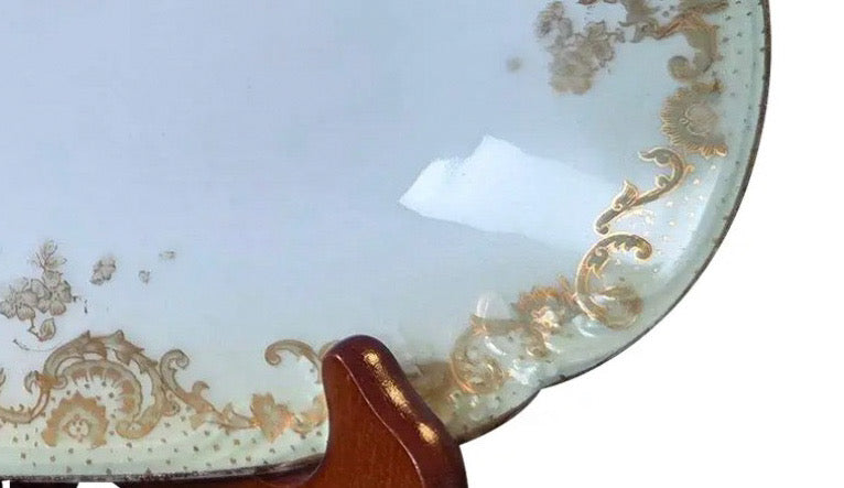 Antique Elite Works Limoges 8.5" Relish Dish - Gilded Scrolls & Celadon Dot Border