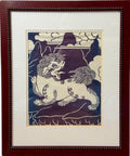 Vintage Framed Tibetan Batik Textile Art Snow Lion Indigo Blue and Cream 22 x 18