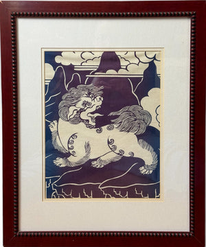 Vintage Framed Tibetan Batik Textile Art Snow Lion Indigo Blue and Cream 22 x 18