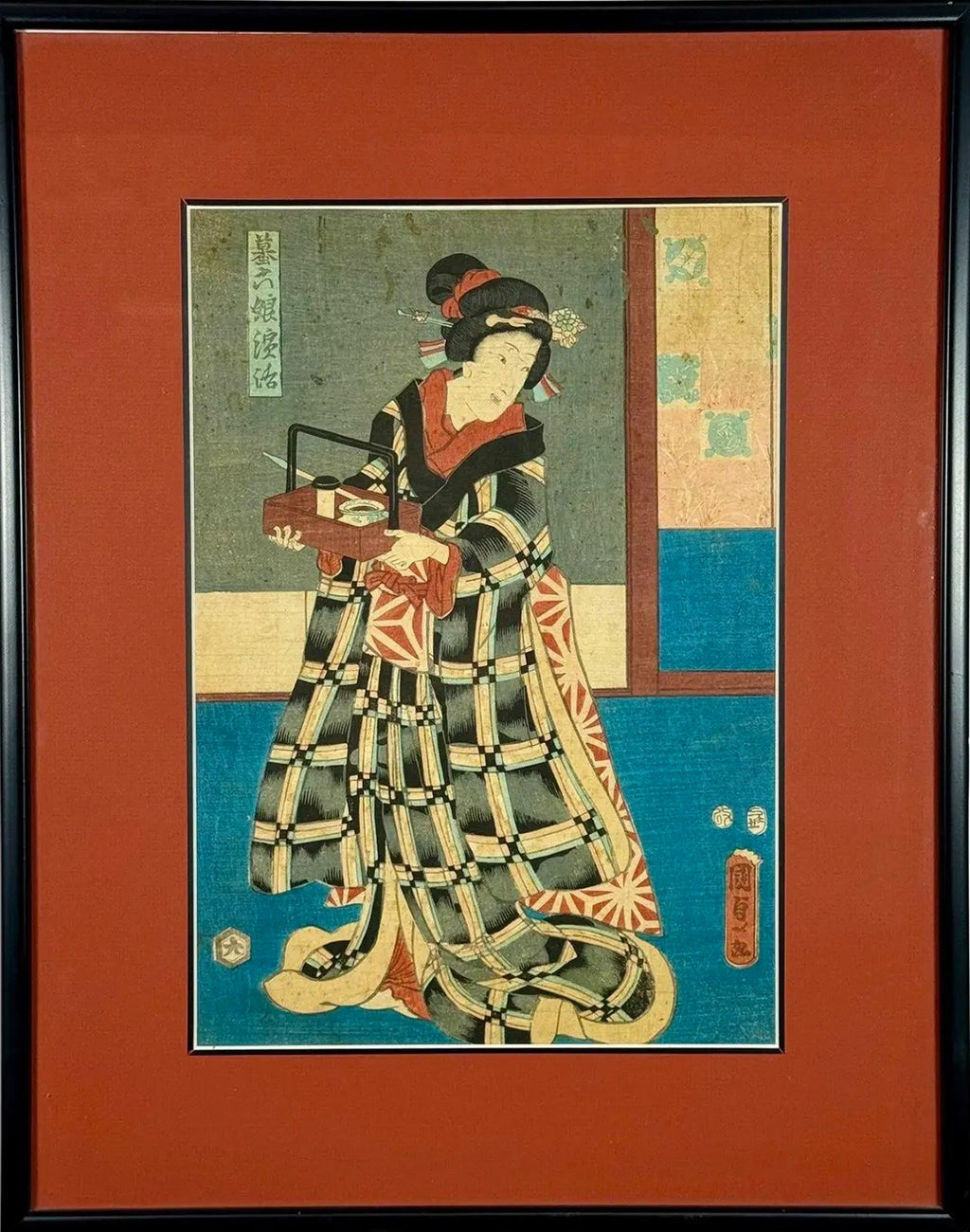 Rare Signed 19th C. Utagawa Kunisada Japanese Woodblock Print, Toyokuni III Ukiyo-e Art, Checkered Kimono Portrait, Antique Edo Period Asian Decor
