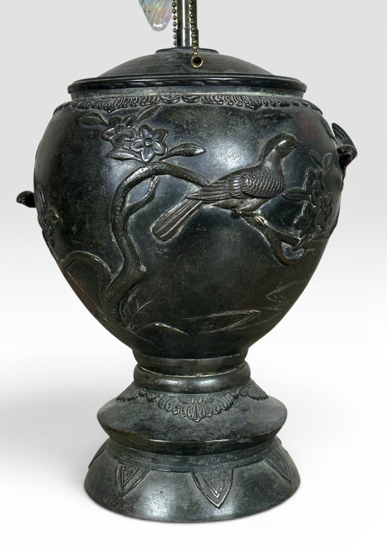 Antique Japanese Meiji Period Patinated Bronze Vase Table Lamp With High Relief Bird And Flower Silk Pagoda Shade