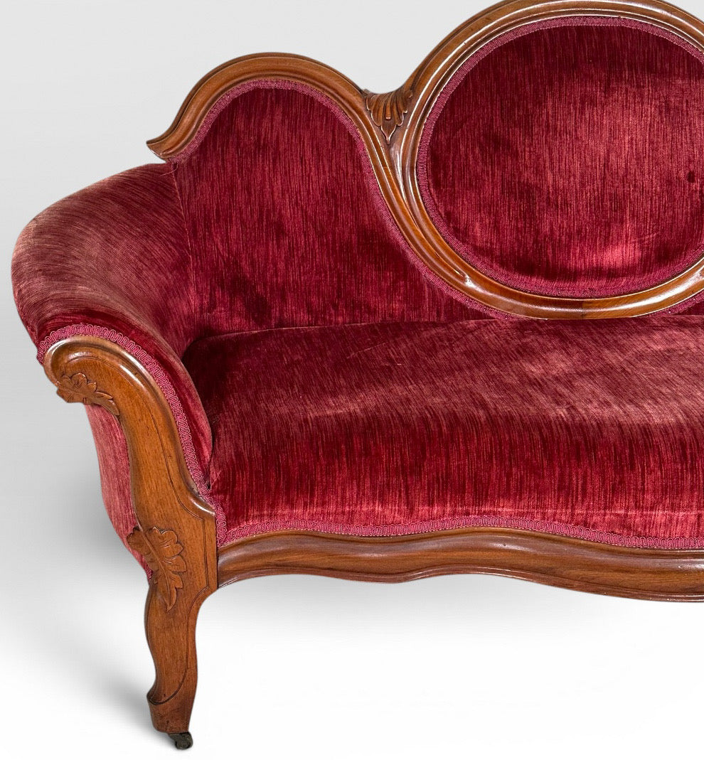 Antique Victorian Carved Walnut Triple Back Cranberry Velvet Settee