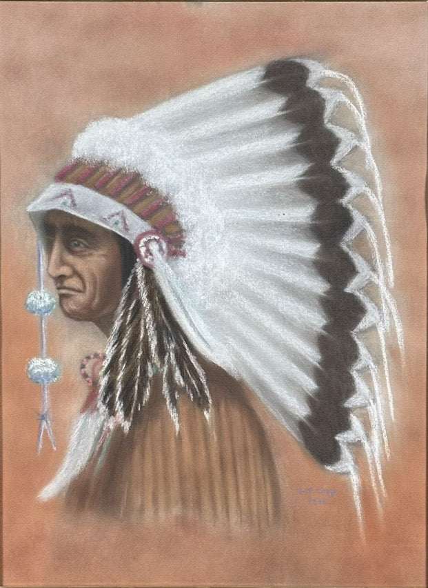 Original Vintage 1978 Western Fine Art Native American Indian Chief Red Cloud Framed Pastel Portrait Drawing