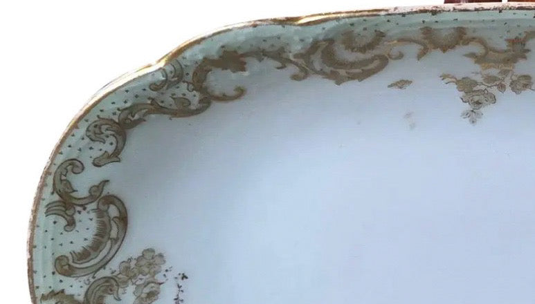 Antique Elite Works Limoges 8.5" Relish Dish - Gilded Scrolls & Celadon Dot Border