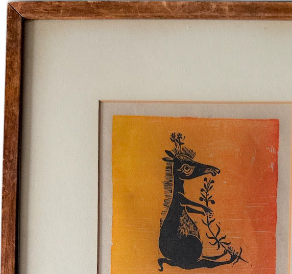 Vintage Helen Siegl Hand-Signed Fine Art Woodcut Print Rangoroo Mid Century Modern Folk Art Whimsical Animal Custom Framed
