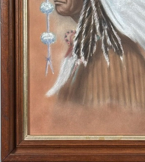 Original Vintage 1978 Western Fine Art Native American Indian Chief Red Cloud Framed Pastel Portrait Drawing