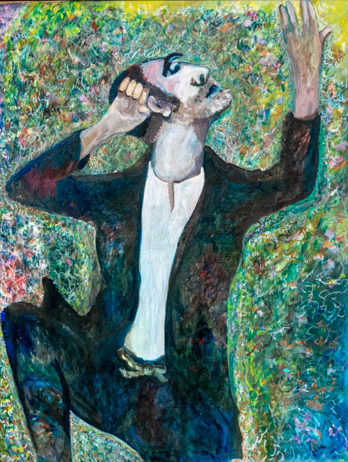 Large Scale Vintage Expressionist Oil on Canvas Singing Man Portrait Painting