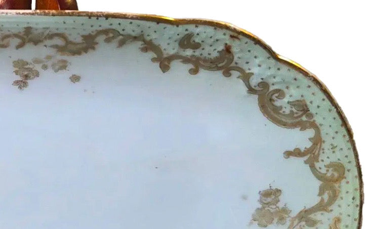 Antique Elite Works Limoges 8.5" Relish Dish - Gilded Scrolls & Celadon Dot Border