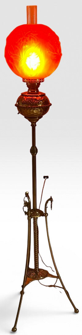 Victorian Brass and Red Satin Glass Griffin Piano Floor Lamp