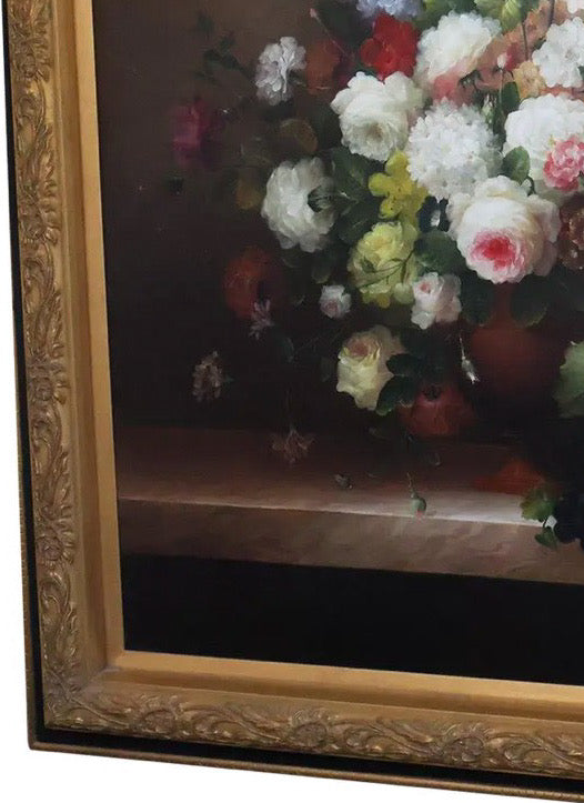 57" Signed L. Stewart Dutch Master Style Floral Oil Painting, Large Gilt Frame, Grand Manner Still Life, Museum Scale Art