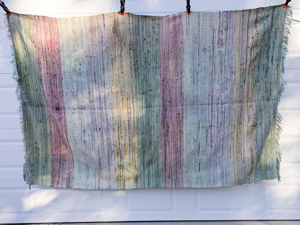 Oversized Antique American Hand-Loomed Rag Rug - 5' x 7.5' Pastel Stripe