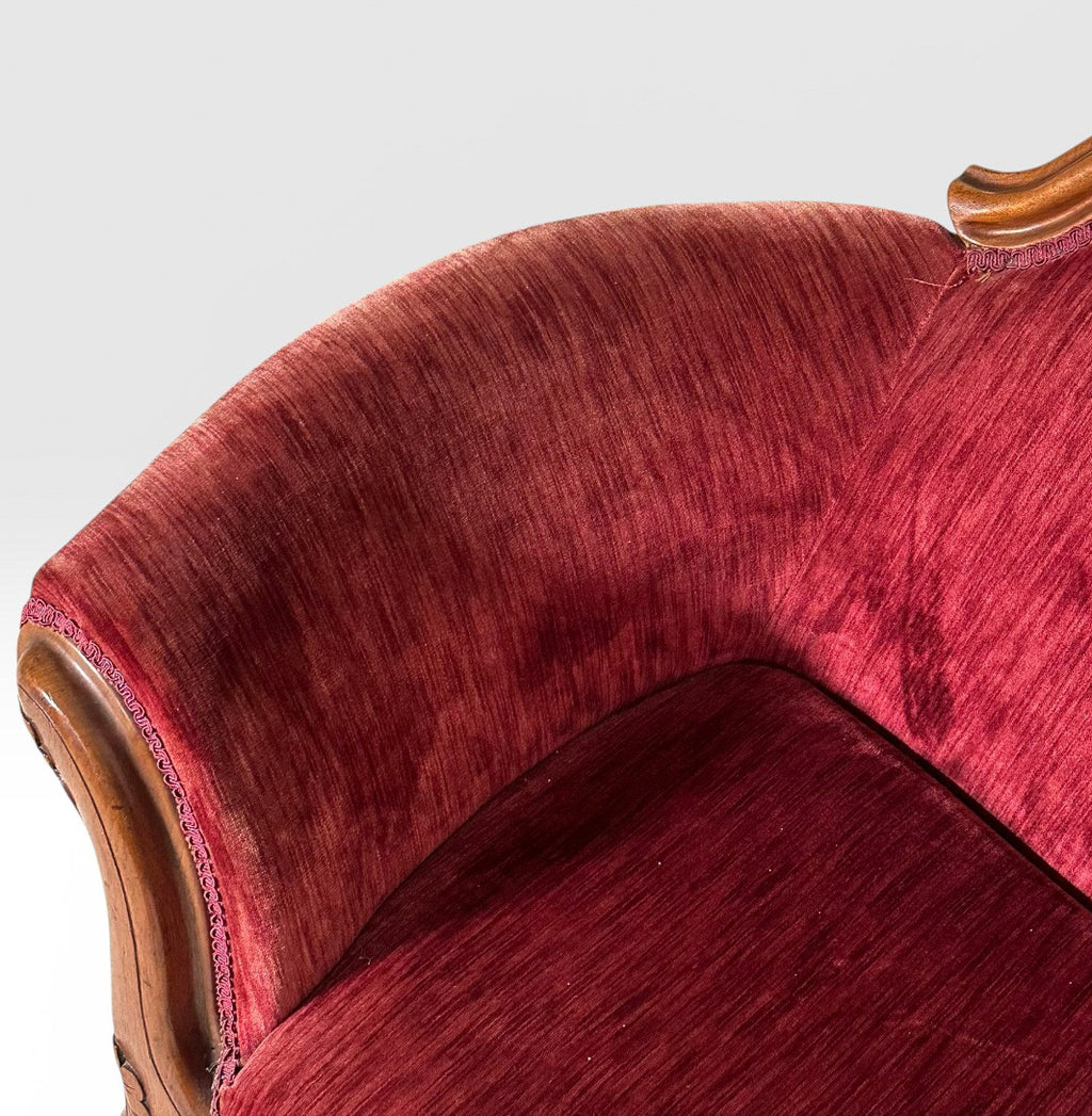 Antique Victorian Carved Walnut Triple Back Cranberry Velvet Settee