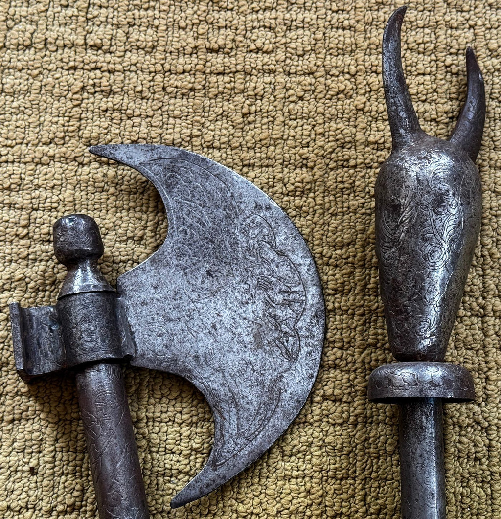 19th Century Persian Qajar Hand-Forged Iron Tabar Axe & Horned Gorz Mace - Set of 2