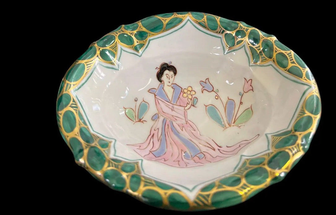 Vintage Sherle Wagner Italian Hand-Painted Chinoiserie 4-Piece Vanity Set - Malachite Green & 24K Gold - Rare Recessed TP Holder