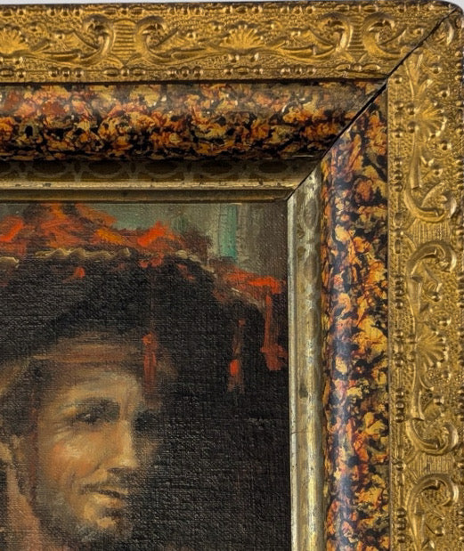 Antique French Style Oil On Canvas Miniature Portrait Of A Man In Historical Costume