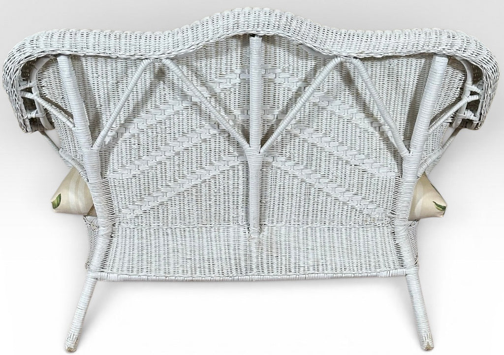 Vintage Palm Beach Regency White Wicker Camelback Settee Loveseat