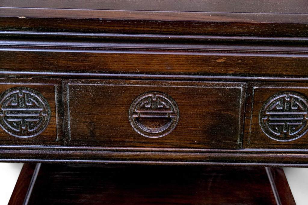 Vintage Chinese Altar Style Rosewood Finish End Table With Shou Emblems