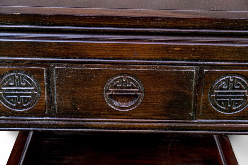 Vintage Chinese Altar Style Rosewood Finish End Table With Shou Emblems